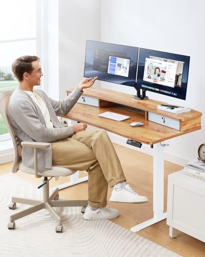 HUANUO 60″ x 30″ Electric Standing Desk with 2 Drawers, C-Clamp Mount Compatible, Height Adjustable Computer Desk, Home Office Stand Up Desk with 4 Preset Heights & 2 Hooks, Light Vintage - Image 2