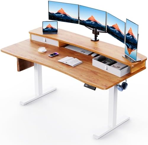 HUANUO 60″ x 30″ Electric Standing Desk with 2 Drawers, C-Clamp Mount Compatible, Height Adjustable Computer Desk, Home Office Stand Up Desk with 4 Preset Heights & 2 Hooks, Light Vintage by HUANUO