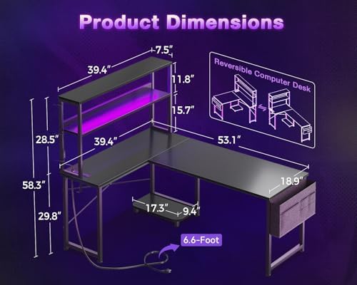 ODK 53" L Shaped Gaming Desk with Shelves, LED & Outlets, Black - Image 3