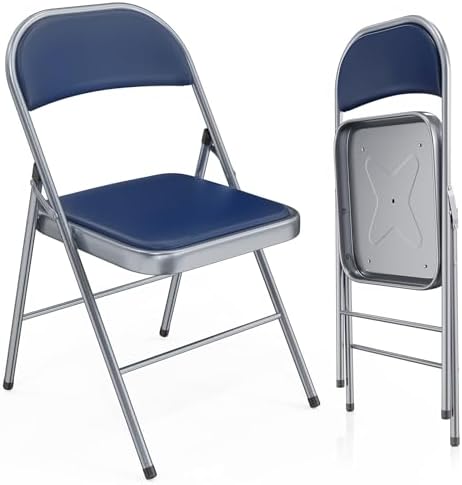 VINGLI 2 Pack Folding Chairs with Padded Seats, Metal Frame with Pu Leather Seat & Back, Capacity 350 lbs, Set of 2, Blue by VINGLI