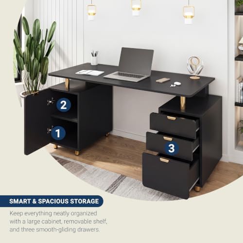 Techni Mobili 57"W Computer Desk w/ 3 Drawers & Storage Cabinet, Black/Gold - Image 5