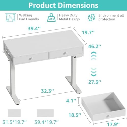 KLUVIS White Electric Standing Desk with Drawers, 39 Inch Small Adjustable Desk with Storage, Sit Stand Computer Study Writing Desks for Small Space Home Office, Stand Up Work Desks for Walking Pad - Image 3