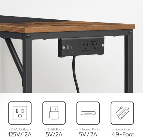 HOOBRO Computer Desk, 39.3 Inch Small Desk with Power Outlet, Writing Table with USB Charging Ports and 3 Hooks for Home Office, Study Room, Bedroom, Easy to Assemble, Rustic Brown and Black BF41UDN01 - Image 5