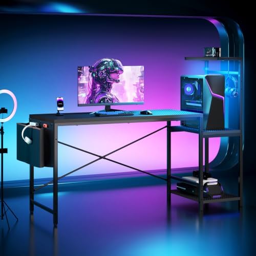 60'' Gaming Desk with LED Lights, Side Storage Bag, Black - Image 2