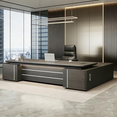 Modern L-Shaped Executive Desk with Drawers, Wooden Office Desk with Hidden Power Outlet, Digital Combination Lock, Aluminum Inlaid Desktop for Home & Professional Office by Unknown