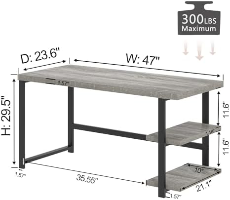 FOLUBAN 47 Inch Home Office Desk, Modern Computer Desk with Storage Shelves, Small Study Writing Gaming Table Workstation for Living Room Bedroom, Industrial Light Grey - Image 2