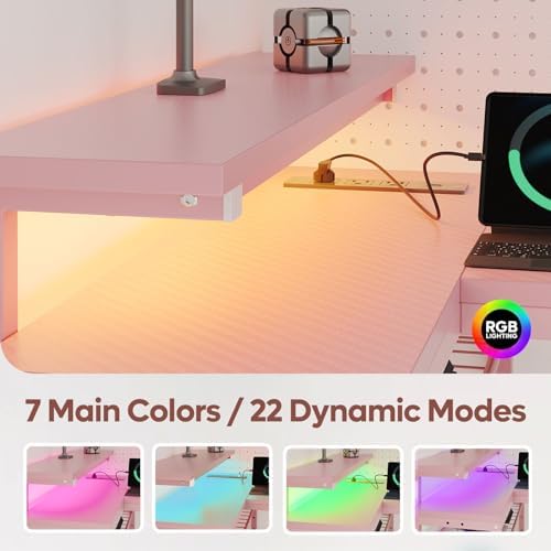 Bestier 52-Inch L-Shaped Gaming Desk with Charging & LED, Pink - Image 4