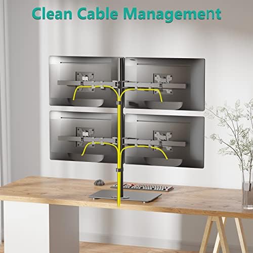 WALI Freestanding Quad Monitor Mount for 17-27 Inch Screens, Fully Adjustable 4 Monitor Stand with Swivel, Tilt, Rotation, Glass Base, Max Load 22 lbs per Arm (GMF004), Black - Image 6