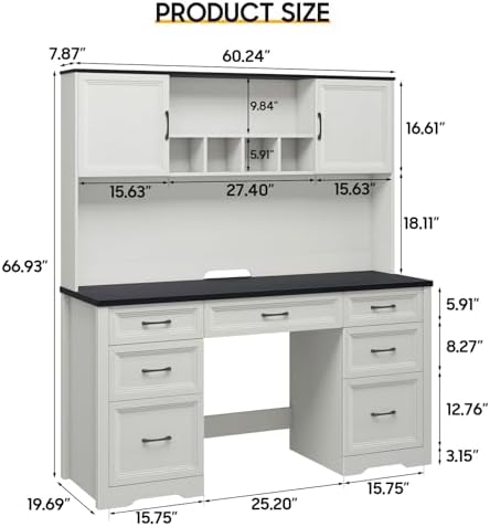 Vabches Farmhouse Executive Desk with 7 Drawers and Storage Cabinet, Rustic Large Home Writing Desk with Hutch, Workstation for Bedroom, Black - Image 2