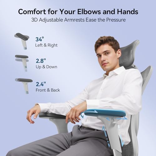 SIHOO M57 Ergonomic Mesh Office Chair, High Back Home Desk Chair with 3D Armrests, Lumbar Support and Adjustable Headrest, Comfortable Computer Chair, Hold 330 LBS-2 Packs-Light Grey - Image 6