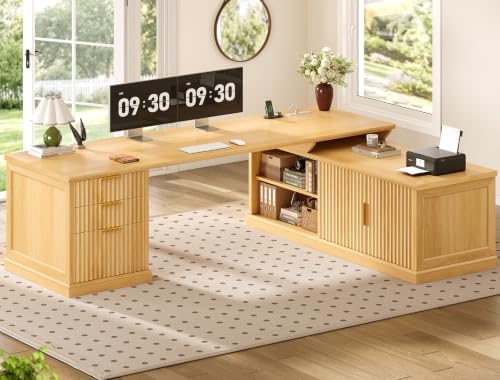 SEDETA Fluted 70.9" L Shaped Desk with Drawers and Storage Cabinet, Oak by SEDETA