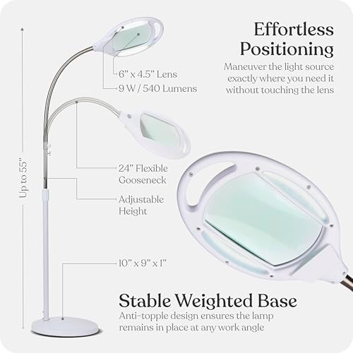 Brightech LightView Pro LED Magnifying Floor Lamp - Daylight Bright Full Spectrum Magnifier Lighted Glass Lens - Height Adjustable Gooseneck Standing Light - for Reading Task Craft Lighting - White - Image 5