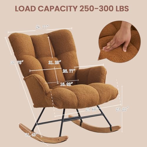 SAETSFEG Rocking Chair Nursery Teddy Upholstered Glider Rocker Rocking Accent Chair Padded Seat with High Backrest Armchair Comfy Side Chair for Living Room Bedroom Offices (Caramel Brown Teddy) - Image 2