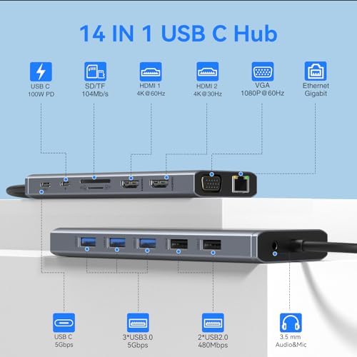 USB C Docking Station Dual Monitor Triple Display USBC Hub Multiple Adapter - Image 2