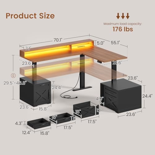 SEDETA Farmhouse L Shaped Standing Desk, 70.1" x 73.2" Height Adjustable Home Office Executive Desk with Drawers, Power Outlet, Monitor Stand, Sit Stand Table with Led Lights for Home Office, Black - Image 2
