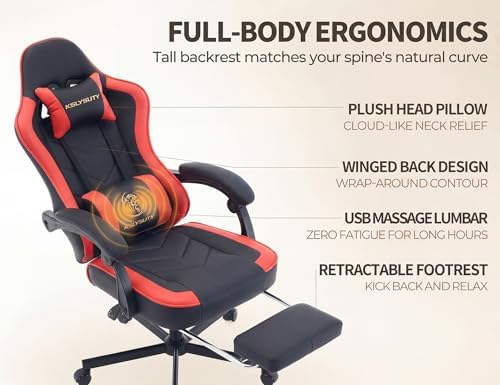 Office Desk Computer Gaming Chair for Adults, Ergonomic High Back Gamer Chair with Massage and Pocket Spring Cushion, Swivel Comfy Video Game Chairs with Footrest and Lumbar Support (Black Red) - Image 5