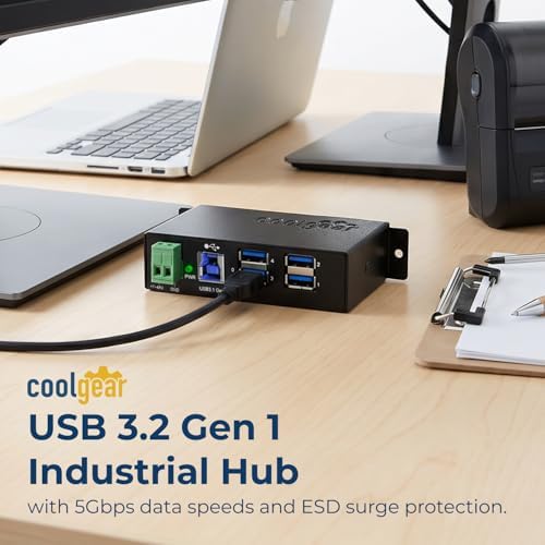 Coolgear 4 Port USB 3.0 Powered Industrial USB Hub, 5Gbps Speeds, Metal Housing, 7-48V DC Input, Wall and DIN-Rail Mountable, ESD Surge Protection - PC, MAC Compatible - Image 2