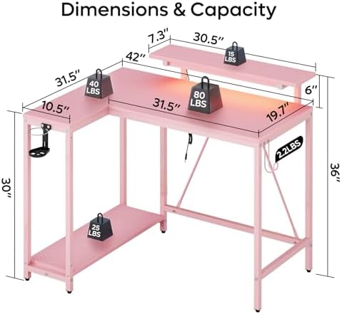 Pinmoco 42" Reversible Small L-Shaped Gaming Desk with LED Lights, Pink - Image 2