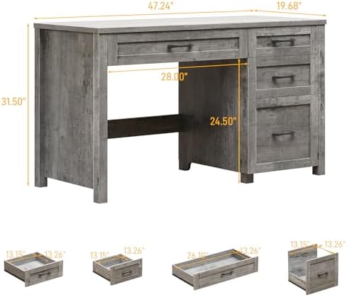Halitaa Farmhouse 47" Executive Desk, Computer Desk with File Drawer, Grey - Image 2