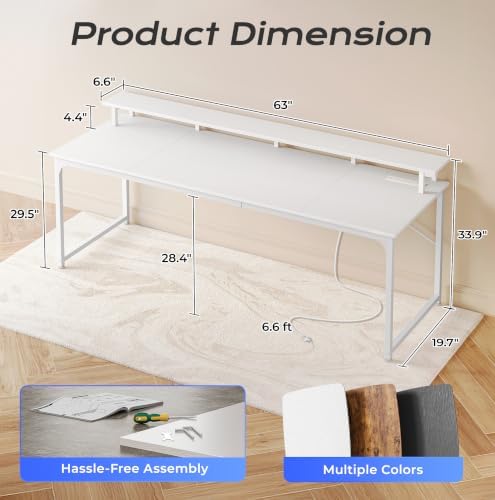 PRAISUN 63 inch Gaming Desk, LED & Power Outlets, Monitor Stand, White - Image 3