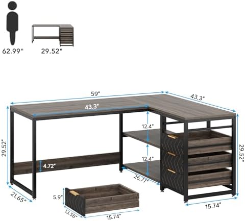 Tribesigns L Shaped Computer Desk with Storage Drawers, 59 inch Corner Desk with Shelves, Reversible L-Shaped Office Desk Writing Table Workstation for Home Office, Grey - Image 2