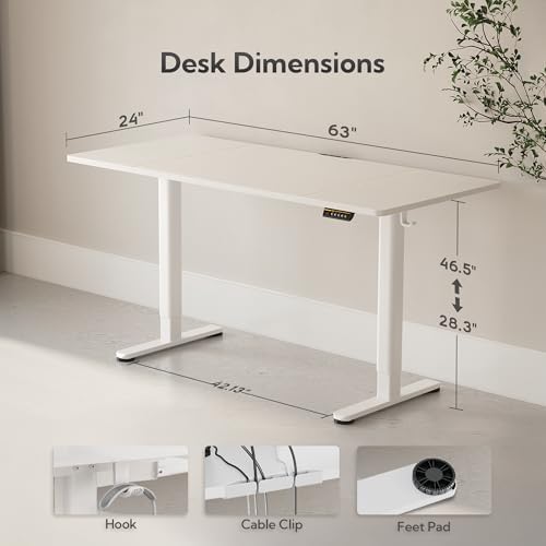 Claiks Electric Standing Desk, Adjustable Height Stand up Desk, 63x24 Inches Sit Stand Home Office Desk with Splice Board, White Frame/White Top - Image 3