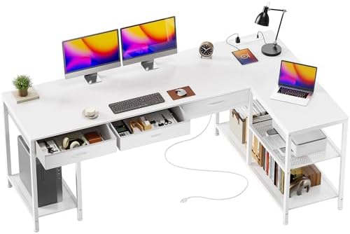 PRAISUN 63 Inch L Shaped Office Desk with Power Outlets and Type-C Port, Large Computer Gaming Desk with 3 Fabric Drawers, Mesh Shelves, Corner Study Work Writing Desk, White by PRAISUN