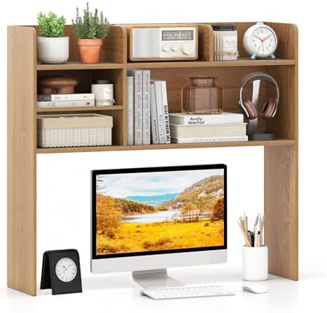 Desk Hutch, 37" Desktop Bookshelf with 6 Shelves, Wooden Desktop Organizer Display Rack with Adjustable Shelf, 3 Tier Desk Topper for College Dorm, Hutch Top Only by SILKYDRY
