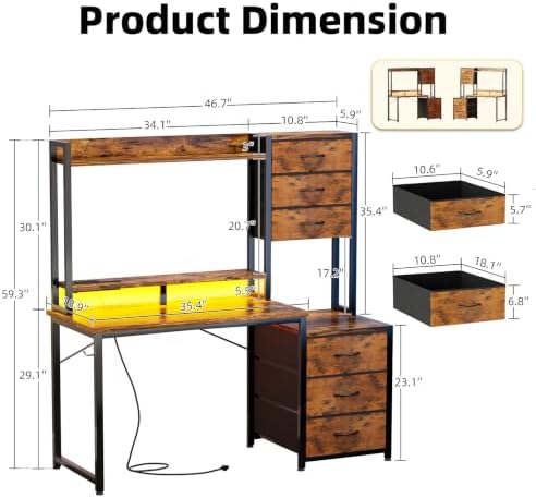 MUTUN 47 Inch Computer Gaming Desk with Hutch Power Outlet and LED Strip, Home Office Work Study Writing Desk with 6 Fabric Drawers and Storage for Bedroom, Escritorios para Computadoras, Rustic Brown - Image 3