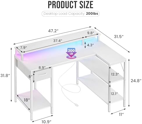 DUMOS 47 Inch Gaming Desk, Monitor Stand, LED Lights, Storage Shelves - Image 3
