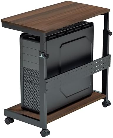 EUREKA ERGONOMIC PC Stand Computer Cart, Height Adjustable Tower Stand 2-Tier Suit for ATX Case Printer, Metal Rolling Cart on Wheels for Gaming Home Office, Walnut by EUREKAERGONOMIC