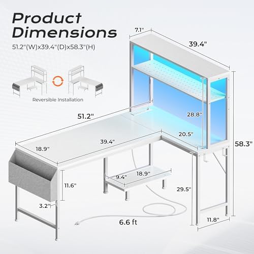 PRAISUN L Shaped Gaming Desk with LED Lights & Power Outlets - Image 2