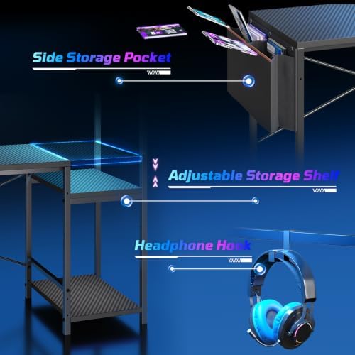 60'' Gaming Desk with LED Lights, Side Storage Bag, Black - Image 4