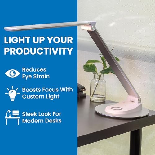 Mount-It! LED Desk Lamp with Wireless Charger and USB-C Charging Port, Dimmable Desk Lamp with 25 Brightness and Color Modes, for Home or Office, Adjustable Arm, Silver/White - Image 3