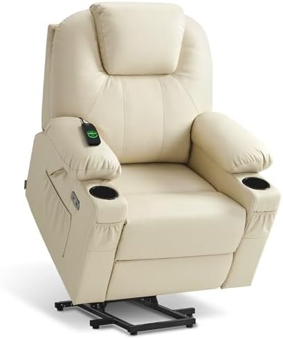 MCombo Large Power Lift Recliner Chair with Massage and Heat for Tall Elderly People, 3 Positions, Cup Holders, and USB Ports, Faux Leather 7516 (Large, Cream White) by MCombo