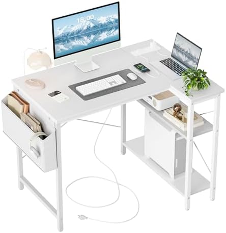 TIQLAB Small Computer Desk with Power Outlets, 40 Inch L Shaped Desk with Reversible Shelves, Gaming Desk Corner Desk Study Writing Desk for Home Office Bedroom Small Space, White by TIQLAB