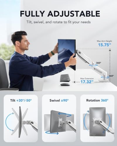 HUANUO Single Monitor Mount, 13 to 32 Inch Gas Spring Monitor Arm, Adjustable Stand, Vesa Mount with Clamp and Grommet Base - Fits 4.4 to 19.8lbs LCD Computer Monitors - Image 4