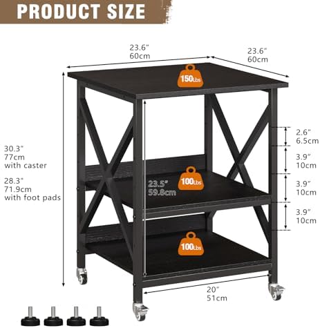 VENNQD 23.6 x 23.6 x 30.3 Inches Printer Stand, Large Printer Table with Adjustable Middle Shelf, Rolling Printer Cart with Wheels, 3 Tier Printer Table for Home Office Living Room Scanner Fax, Black - Image 3