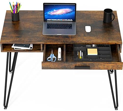 SHW Home Office Computer Hairpin Leg Desk with Drawer, Rustic Brown - Image 6