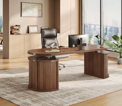 SEDETA 57" Standing Desk with Storage, Electric Height Adjustable Executive Fluted Desk with Curved Cabinets, Computer Desk with Power Strip for Home Office, Brown - Image 3