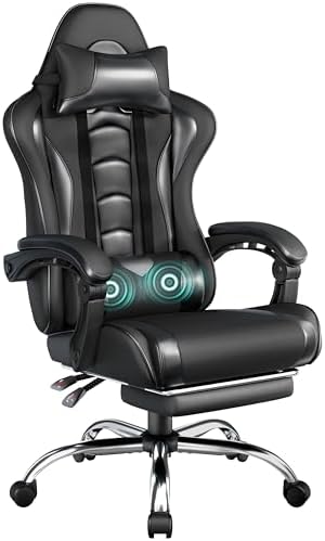 Yaheetech Gaming Chair with Footrest Massage Lumbar Pillow Reclining Black by Yaheetech