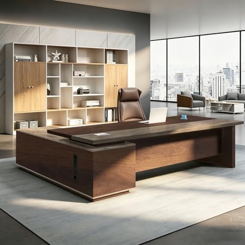 L Shaped Executive Desk with Drawers, Large Office Desk with Storage Cabinet, Wood L Shape Desk for Home Office or Business Workspace, Left or Right Cabinet Option, Multiple Sizes & Colors by Unknown