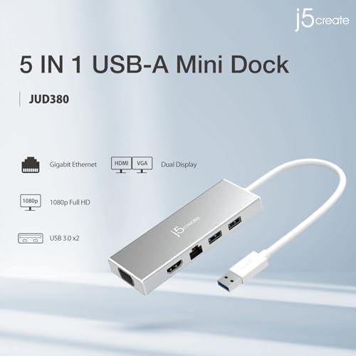 j5create USB 3.0 Hub with HDMI, VGA, RJ45 Gigabit Ethernet, 2 USB 3.1 - Image 3