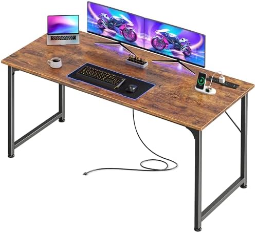 PRAISUN 55 X 20 Inch Computer Desk, Power Outlets, USB-C, Rustic Brown by PRAISUN