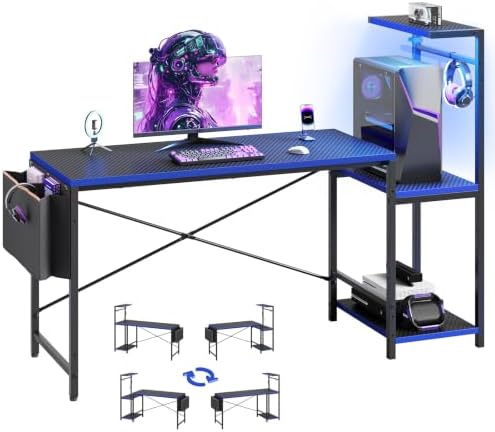 60'' Gaming Desk with LED Lights, Side Storage Bag, Black&Blue by RSPGAME