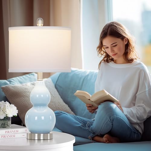 22" Double Gourd Ceramic Table Lamps Set of 2, Blue Modern Bedside Lamps for Living Room, Contemporary Nightstand Desk Lamps for Bedroom End Table Home Office Study Room Decor(2 LED Bulbs Included) - Image 4