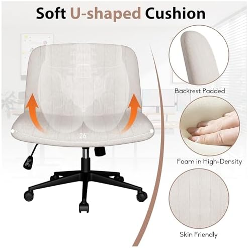 SUNLEI Cross Legged Office Chair with Wheels, Armless Wide Chair's for Vanity Desk, Criss Cross Comfy Chairs with Back, Desk Chair/s of Height Adjustable Swivel, White - Image 5