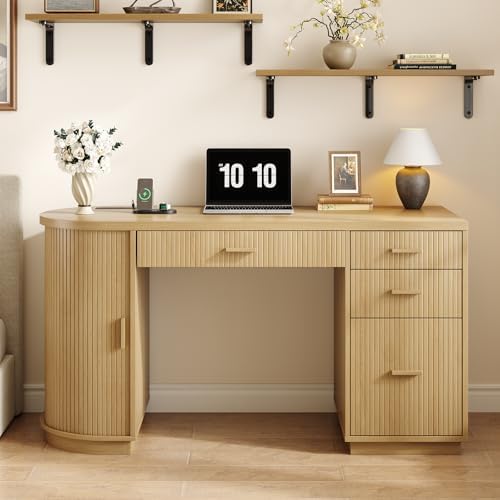 ONBRILL 58 Inch Fluted Executive Desk, Computer Desk with Storage Drawers & File Drawer, Modern Home Office Desk with Charging Station for Working, Studying, Writing, Oak - Image 5