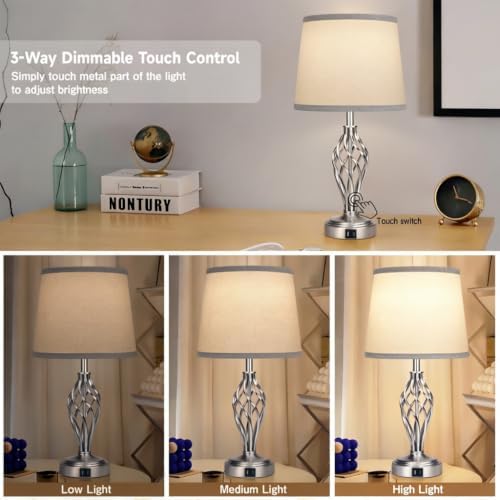 Ruiever Touch Table Lamps Set of 2, nightstand lamp with USB Ports Bedside 3 Way Touch dimmer Desk lamp for Living Room Bedroom,Nickel Spiral Cage Grey Shade, Warm White dimmer Bulbs Included. - Image 5