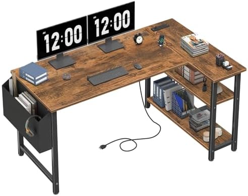 Lufeiya L Shaped Computer Desk with Power Outlet Shelves, 47 Inch Corner Desk for Home Office Bedroom, L-Shaped Study Writing Working PC Desks, Rustic Brown by LUFEIYA